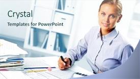  Presentation with man looking up happy - PPT theme featuring accountant - portrait of a young happy background and a sky blue colored foreground