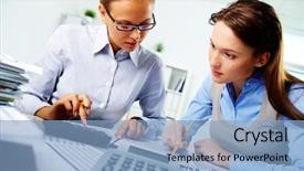  Presentation with full length portrait two men women brown sweater - Presentation theme consisting of accountant - portrait of two businesswomen working background and a light blue colored foreground