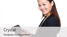  Presentation with accountant - Beautiful PPT theme featuring accountant business woman touch on calculator backdrop and a white colored foreground