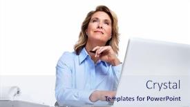  Presentation with accountant - Presentation design enhanced with accountant business woman with a laptop computer isolated on white background background and a sky blue colored foreground