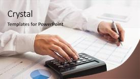  Presentation with accountant - Slide set with accountant checking numbers on a document background and a light gray colored foreground