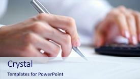  Presentation with hands holding a tree - Beautiful PPT theme featuring accounting - photo of hands holding pen backdrop and a sky blue colored foreground