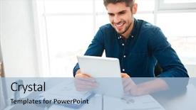  Presentation with home documents - PPT theme enhanced with accounting - picture of happy young man background and a light blue colored foreground