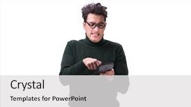  Presentation with retirement calculator - PPT layouts having tax fraud - nerd young man with calculator background and a white colored foreground