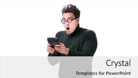 Presentation with calculator - PPT theme featuring tax fraud - nerd young man with calculator background and a white colored foreground