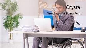  Presentation with employee anniversary work office - Slide set consisting of access paperwork - young handsome employee in wheelchair background and a  colored foreground