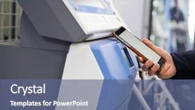  Presentation with coupon - Theme enhanced with accounting history - woman scanning discount coupon background and a ocean colored foreground