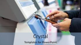  Presentation with machine - Theme featuring accounting history - woman using cellphone for paying background and a light blue colored foreground