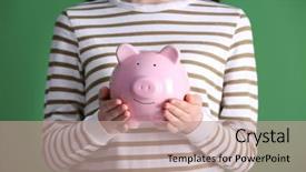  Presentation with hands saving - Amazing PPT theme having accounting kids pay - girl holding cute piggy bank backdrop and a coral colored foreground