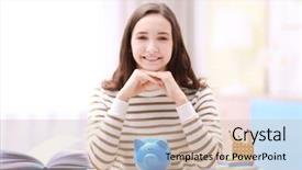  Presentation with piggy bank - Colorful slides enhanced with accounting kids pay - smiling girl sitting at table backdrop and a  colored foreground
