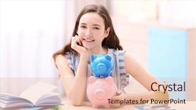  Presentation with saving - Theme with accounting kids pay - smiling girl sitting at table background and a  colored foreground