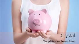  Presentation with hands saving - PPT theme featuring accounting kids pay - young girl holding cute piggy background and a coral colored foreground