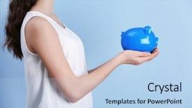  Presentation with hands saving - Colorful slide set enhanced with accounting kids pay - young girl holding cute piggy backdrop and a light blue colored foreground