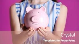  Presentation with hands saving - PPT theme with accounting kids pay - young girl holding cute piggy background and a coral colored foreground