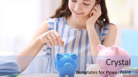  Presentation with piggy bank - Beautiful slides featuring accounting kids pay - young smiling girl putting coins backdrop and a  colored foreground