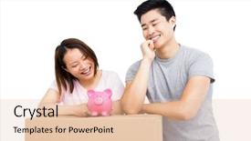  Presentation with piggy bank - Colorful presentation enhanced with accounting packages - young couple looking at piggy backdrop and a  colored foreground