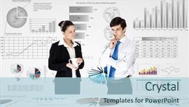  Presentation with market data - Colorful PPT layouts enhanced with accounting presentation - businessman and businesswoman analyzing data backdrop and a light blue colored foreground