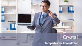  Presentation with employee working in industry - PPT theme enhanced with accounting presentation - young handsome businessman employee working background and a gray colored foreground