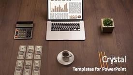  Presentation with business report - PPT theme featuring business laptop with stock market background and a  colored foreground