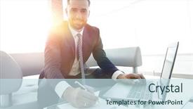  Presentation with business laptop globe satellite - Audience pleasing PPT theme consisting of financial ratio analysis - businessman working with business graphics backdrop and a sky blue colored foreground