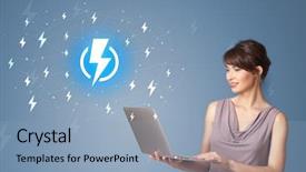  Presentation with battery - Theme with accumulation - young smiling person presenting battery background and a light blue colored foreground