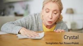  Presentation with dust - Theme having accurate - senior housewife blowing dust background and a coral colored foreground