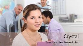  Presentation with classroom - Cool new slide set with acdemia - young woman in the classroom backdrop and a coral colored foreground