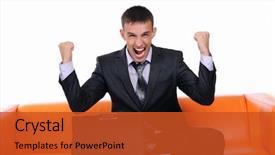  Presentation with business man climbs up to the top of 3d success stairs steps - PPT theme having achieved success on an orange background and a  colored foreground