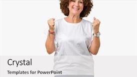  Presentation with winner - Slide deck with achievement - beautiful middle ager senior woman background and a white colored foreground