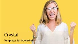  Presentation with winner announcement award success - Cool new slide deck with achievement - beautiful young woman wearing glasses backdrop and a yellow colored foreground