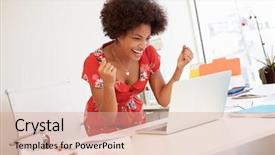  Presentation with achievement - Cool new presentation with achievement - excited woman working at desk backdrop and a coral colored foreground