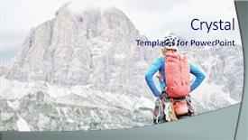  Presentation with backpack - Slide deck with achievement - female mountaineer with backpack helmet background and a sky blue colored foreground