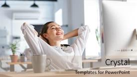  Presentation with stretching - Theme with achievement - happy young woman dressed background and a mint green colored foreground