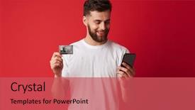  Presentation with man holding phone - Amazing PPT theme having achievement - photo of happy young man backdrop and a red colored foreground