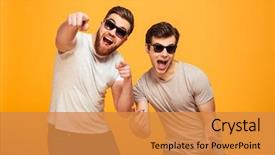  Presentation with two men climbing - Beautiful presentation theme featuring achievement - portrait of a two cheerful backdrop and a gold colored foreground