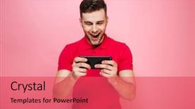  Presentation with mobile games - Slide deck with achievement - portrait of an excited young background and a red colored foreground
