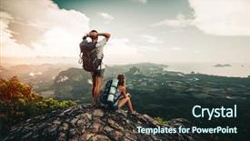  Presentation with achievement mountain - Slides having achievement - two hikers relax on top background and a wine colored foreground