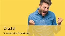  Presentation with celebration - Slides having achievement - young handsome man over isolated background and a yellow colored foreground