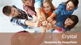  Presentation with people unity - Presentation theme featuring achievement - young people putting hands together background and a coral colored foreground