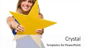  Presentation with 5 star - Amazing PPT layouts having achievement award certificate - happy young woman holding backdrop and a white colored foreground