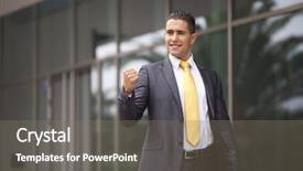  Presentation with success - Colorful slides enhanced with achievement celebration - happy businessman celebrating his success backdrop and a  colored foreground