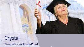  Presentation with certificate - Beautiful PPT theme featuring achievement celebration - senior woman holding graduation certificate backdrop and a sky blue colored foreground