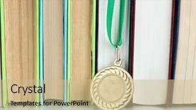  Presentation with medal - Cool new slide deck with achievement in education with books backdrop and a soft green colored foreground