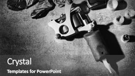  Presentation with tattoo - Cool new PPT theme with achine gun - tattoo machine and tattoo supplies backdrop and a dark gray colored foreground