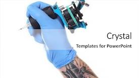  Presentation with tattoo - Amazing PPT theme having achine gun - tattooist hand in blue glove backdrop and a white colored foreground