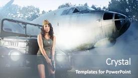  Presentation with sexy - Beautiful PPT theme featuring achine gun - young and sexy female soldier backdrop and a gray colored foreground