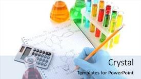  Presentation with formulas and trigonometric - Colorful theme enhanced with acid alkalis - hand scientist writing formulas isolated backdrop and a light blue colored foreground