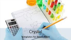  Presentation with column writing - PPT layouts enhanced with acid alkalis - hand scientist writing formulas isolated background and a light blue colored foreground