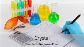  Presentation with green chemistry chemical formulas ecology - Beautiful slide deck featuring acid alkalis - hand scientist writing formulas isolated backdrop and a  colored foreground