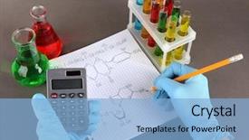  Presentation with scientist - Theme consisting of acid alkalis - hand scientist writing formulas background and a light blue colored foreground